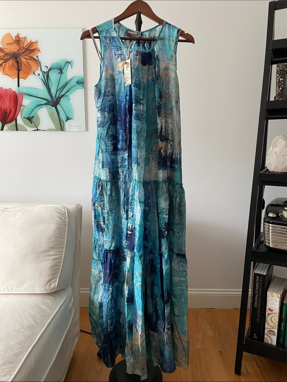 Johnny Was silk Sleeveless Maxi Dress in Blue Turquoise Abstract Print